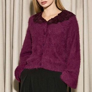 Fluffy Oversized Cardigan With Lace Collar